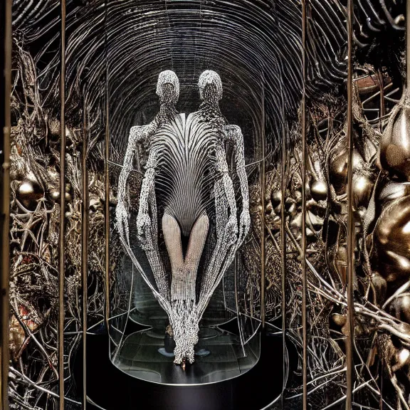 Prompt: symmetric frame from Prometheus, biomechanical gaia, by Neri Oxman and alexander mcqueen metal couture editorial, in mycelium hanging garden by giger by utagawa kuniyoshi