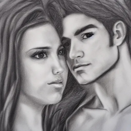 Image similar to pencil art. good looking man and beautiful woman in love. self portrait.