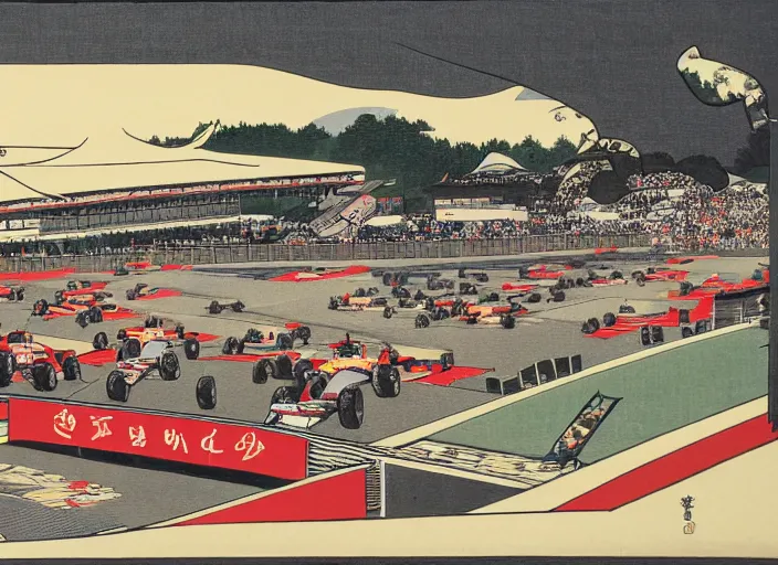 Image similar to ukiyo - e painting of formula 1 cars at circuit de spa - francorchamps