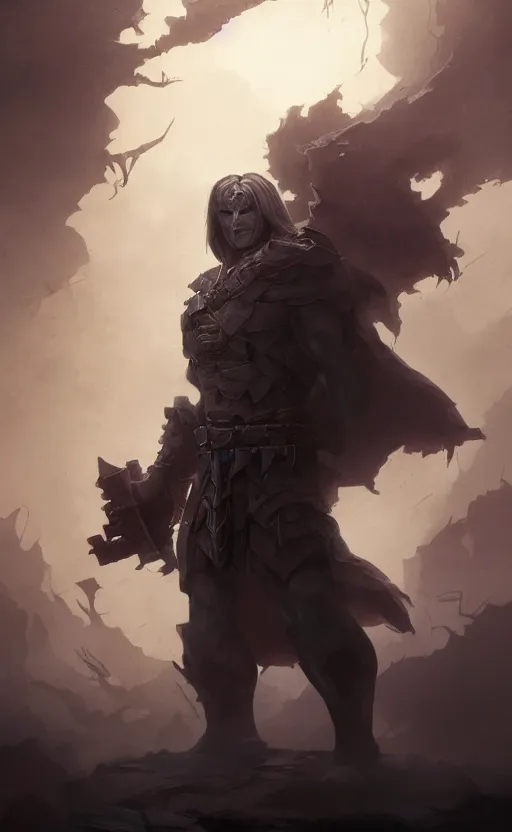 Image similar to Full body centered uncut character pose of mysterious-eerie-ominous He-Man, dark grey shadowy smokey background, atmospheric, cinematic, Epic, ultra-detailed, sharp focus, colored illustration, artwork by Jordan Grimmer and Greg Rutkowski