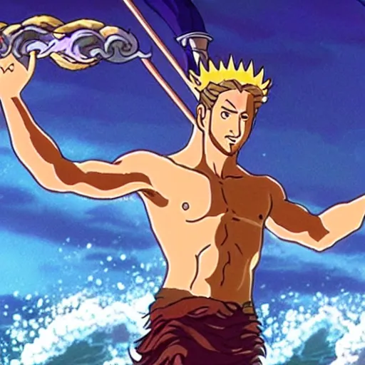 Prompt: screaming Ryan Gosling as Poseidon with trident and crown, the god of the sea, ready to fight, screenshot of the anime movie \'The King of the sea\' (2006)