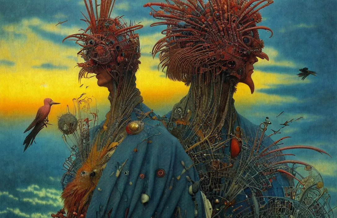 Image similar to realistic detailed portrait movie shot of a birdman wearing dark ragged robes, futuristic city sunset landscape background by denis villeneuve, amano, yves tanguy, alphonse mucha, ernst haeckel, max ernst, roger dean, masterpiece, deepdream, rich moody colours, bird head, blue eyes, hyperdetailed