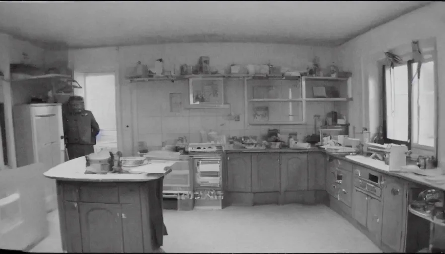 Image similar to a ai in a stalinist style kitchen, by mini dv camera, very very low quality, heavy grain, very blurry, accidental flash, webcam footage, found footage, security cam, caught on trail cam