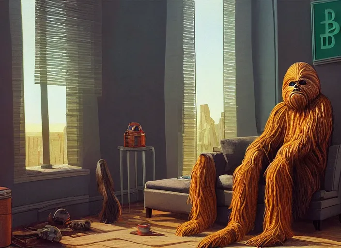 Prompt: wookiee is comfy at home trading crypto. the charts are at all time highs, huge gains, painting by grant wood, 3 d rendering by beeple