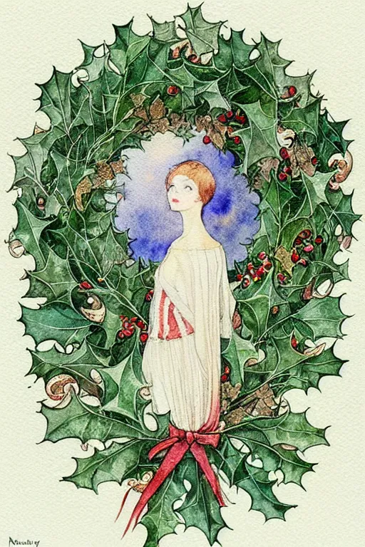 Image similar to realistic watercolor painting of a wreath of holly on a white background, detailed art by kay nielsen and walter crane, illustration style, watercolor