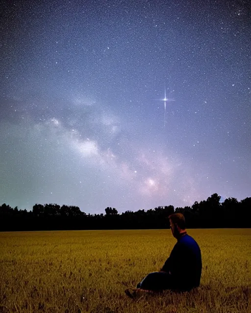 Prompt: man sitting in a huge field star filled night sky, crewdson, gregory, wide angle, surreal