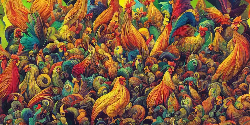 Image similar to colorful illustration of a million fighting roosters, mix of styles, collage of styles, abstract, surreal, intricate, highly detailed, dark color scheme, golden ratio, cubism, surrealism