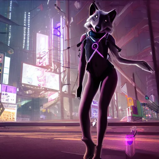 Image similar to anthropomorphic female wolf fursona wearing a tech harness in a cyberpunk city, photo realistic, ambient lighting