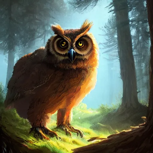 Prompt: three quarter portrait of an owlbear in the forest, d & d, fantasy, greg rutkowski