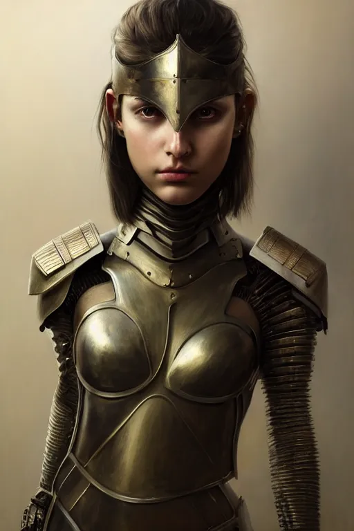 Image similar to a photorealistic painting of an attractive young girl, partially clothed in metal-plated battle armor, olive skin, long dark hair, beautiful bone structure, symmetrical face, perfect eyes, intricate, elegant, digital painting, concept art, illustration, sharp focus, minimal artifacts, from Metal Gear, in the style of Ruan Jia and Mandy Jurgens, by Greg Rutkowski, trending on Artstation, award winning