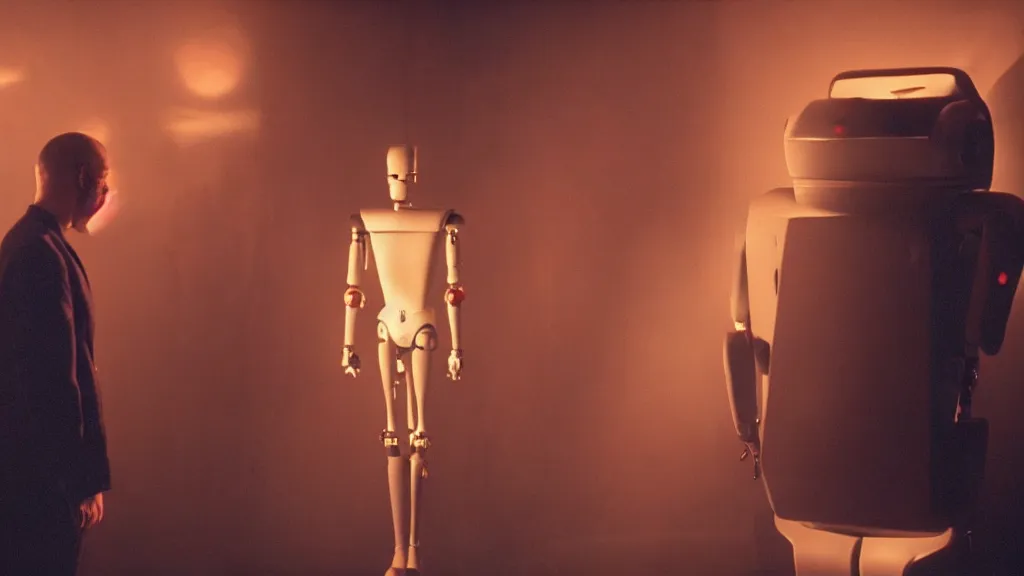 Image similar to movie scene of a man and a robot having a moment of jealousy, movie still, cinematic composition, cinematic light, by david lynch and gaspar noe
