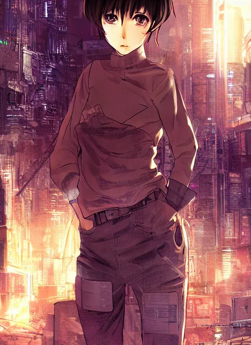 Prompt: manga cover, brown-haired short-haired tomboy girl, intricate cyberpunk city, emotional lighting, character illustration by tatsuki fujimoto