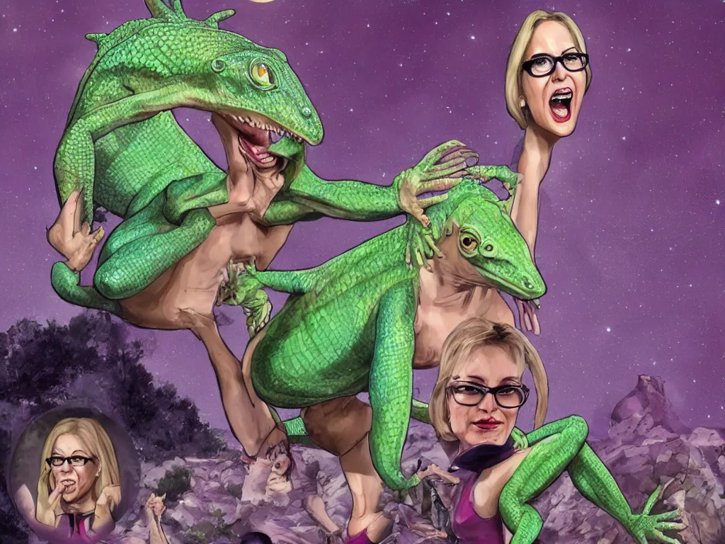 Image similar to Kyrsten Sinema as a lizard person receiving her signals from the home planet, artstation