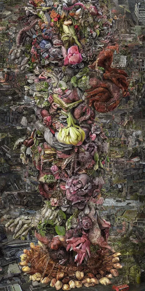 Image similar to giant grotesque flower in the middle of abandoned alien cityscape, ultradetailed by Giuseppe Arcimboldo and Josan Gonzalez