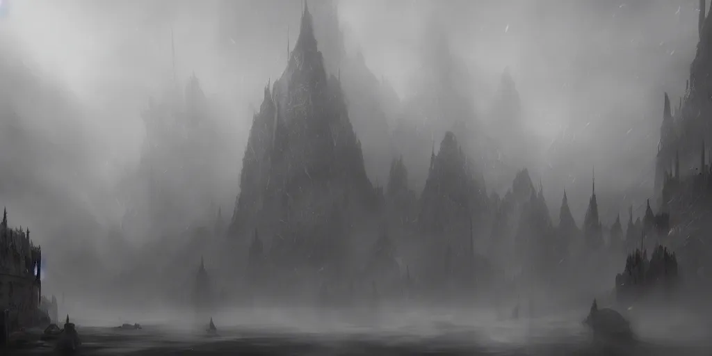 Image similar to fantasy depiction of the realm of shadows shrouded by mist trails, low saturation, high contrast, mostly greyscale, in the style of marcin rubinkowski, greg rutkowski, lorenzo lanfranconi, oleg zherebin, trending on artstation