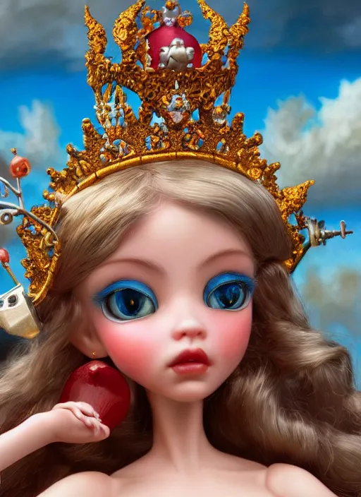 Image similar to highly detailed closeup, profile portrait of a tin toy fairytale princess wearing a crown, bikini, unreal engine, nicoletta ceccoli, mark ryden, earl norem, lostfish, global illumination, detailed and intricate environment