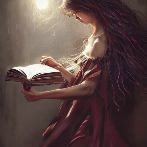 Image similar to An incredible fantastical painting of a girl reading book, hair flowing down | symmetric!, anatomically correct | by Greg Rutkowski and Greg Staples with James Gurney | hyperrealism artwork beautiful detailed painting | trending on Artstation