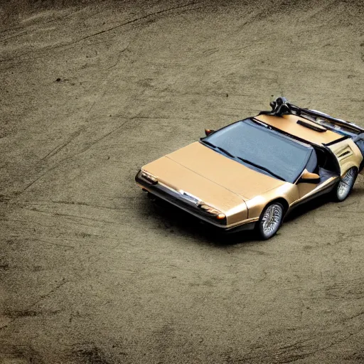 Image similar to a birds - eye view sepia photograph of a delorean in a line with covered wagons and cattle