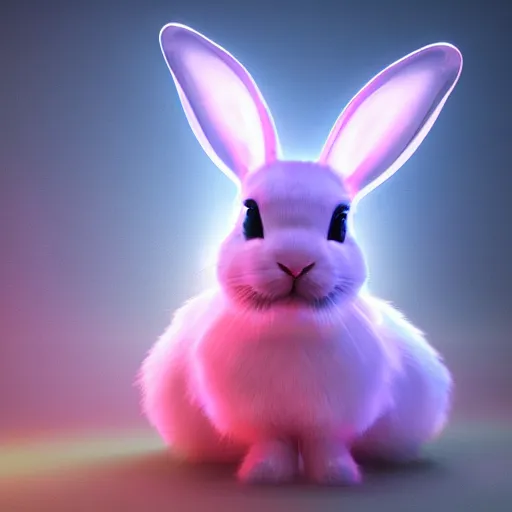 Image similar to neon fluorescent, iridescent cute bunny rabbits with fairy wings cyperpunk 2 0 7 7, unreal engine 5, 8 k ultra realistic, hyperdetailed, volumetric lighting, extremely high quality