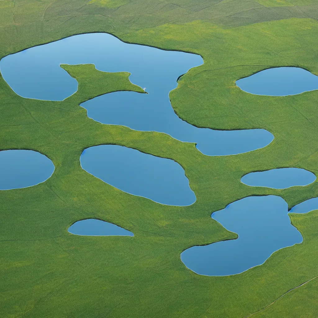 Prompt: ariel view of peninsula, cloud reflection, lake, fields, nature, very detailed, 4 k, professional photography