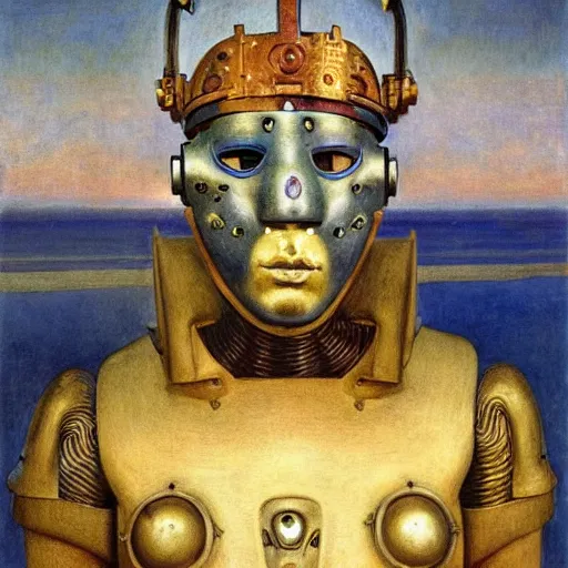 Prompt: the masked robot prince wearing the plasma crown, by Annie Swynnerton and Diego Rivera and Elihu Vedder, symbolist, dramatic lighting, elaborate geometric ornament, tattoos, Art Brut, soft cool colors,smooth, sharp focus, extremely detailed, Adolf Wölfli and Donato Giancola