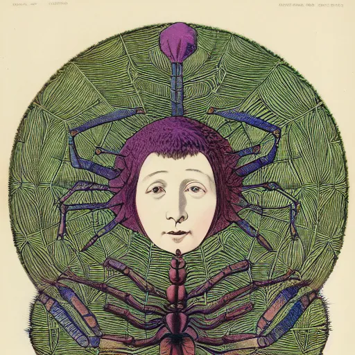 Image similar to a girl with a spider, colored woodcut, flat pastel colors, by Mackintosh, art noveau, by Ernst Haeckel