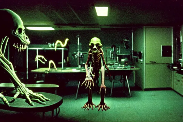 Image similar to a scary filmic wide shot color ground level angle movie still 35mm film photograph of the full body of a dangerous shape shifting alien creature, with multiple mutated snarling drooling human faces with a grotesque variety of human and animal limbs protruding from its lower torso inside of a 1970s science lab, neon lights, dirty, ektachrome photograph, volumetric lighting, f8 aperture, cinematic Eastman 5384 film