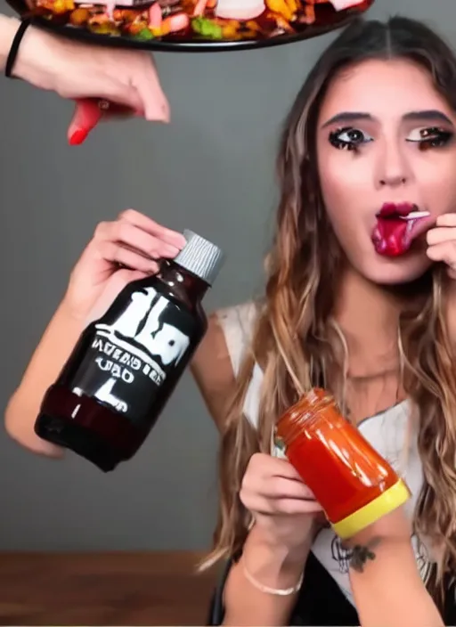 Image similar to A TikTok model is pouring hot sauce into her mouth as a challenge