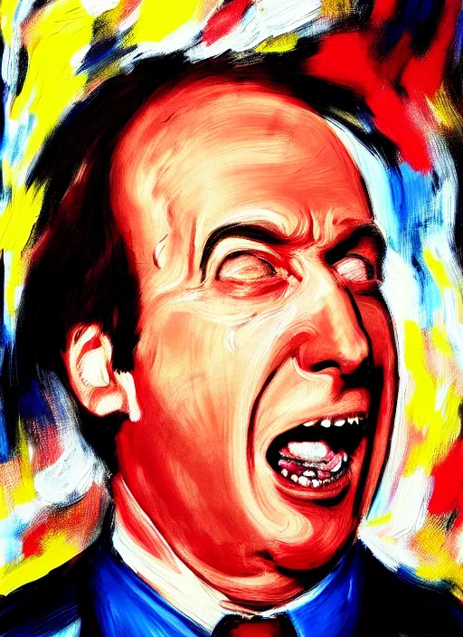 Image similar to saul goodman, screaming, painting by david lynch,'action lines '!!!, graphic style, visible brushstrokes, motion blur, blurry