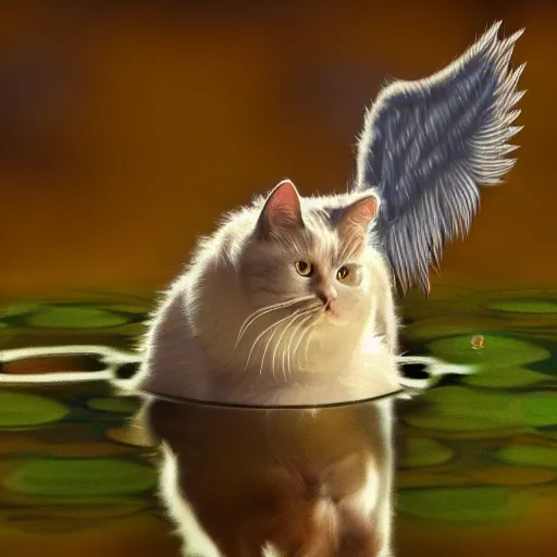Prompt: Cat with angel wings drinking from a pond, digital artstyle drawn, trending on fiverr, 40nm lens, shallow depth of field,