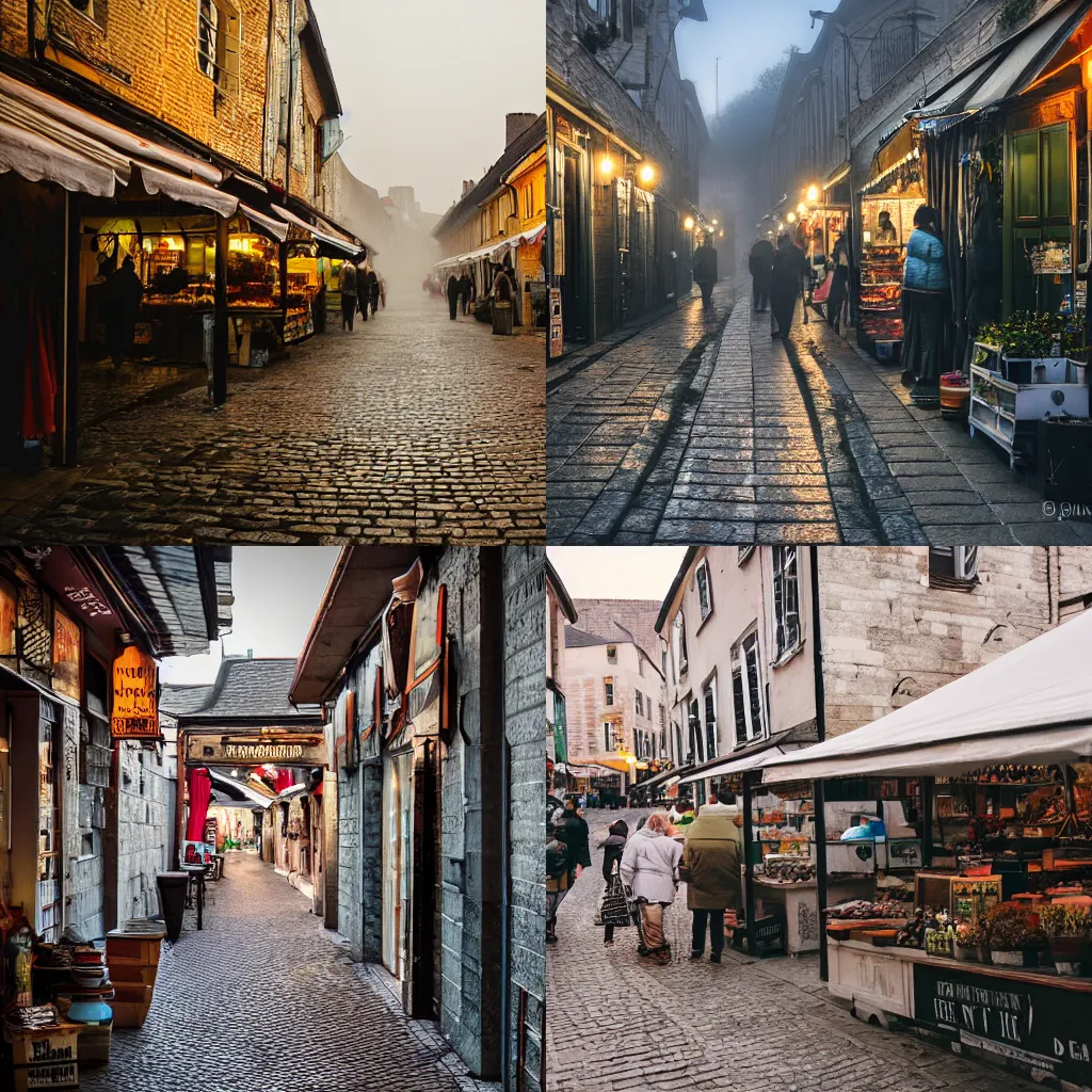 Prompt: Tiny market in the old city of Hudimesnil, dusk, misty, cozy vibe, street photography