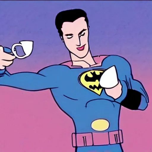 Prompt: movie still of batman drinking tea, vaporwave