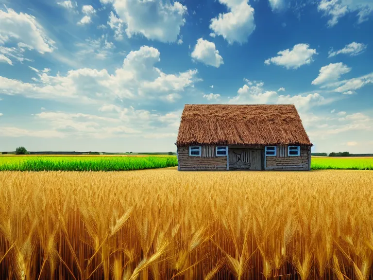 Prompt: hyperrealism concept art design of beautiful house in small ukrainian village, wheat field behind the house