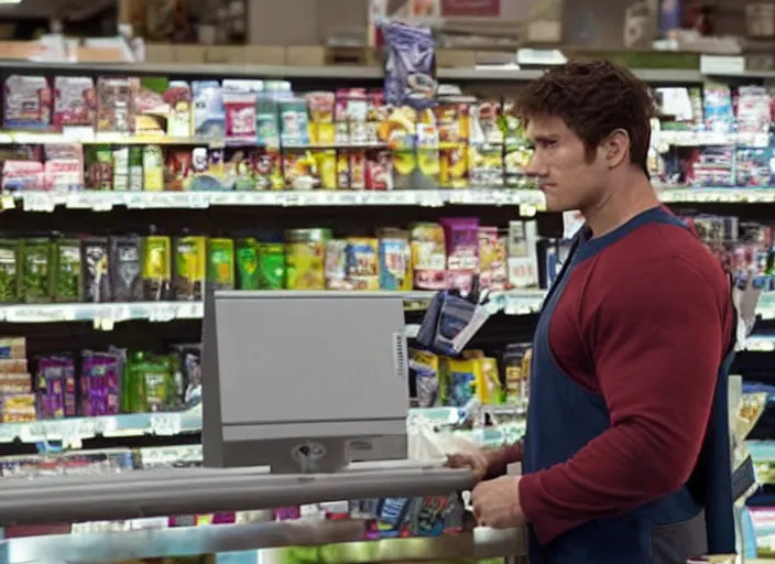 Image similar to film still of hulk working as a cashier in a grocery store in the new avengers movie, 4 k