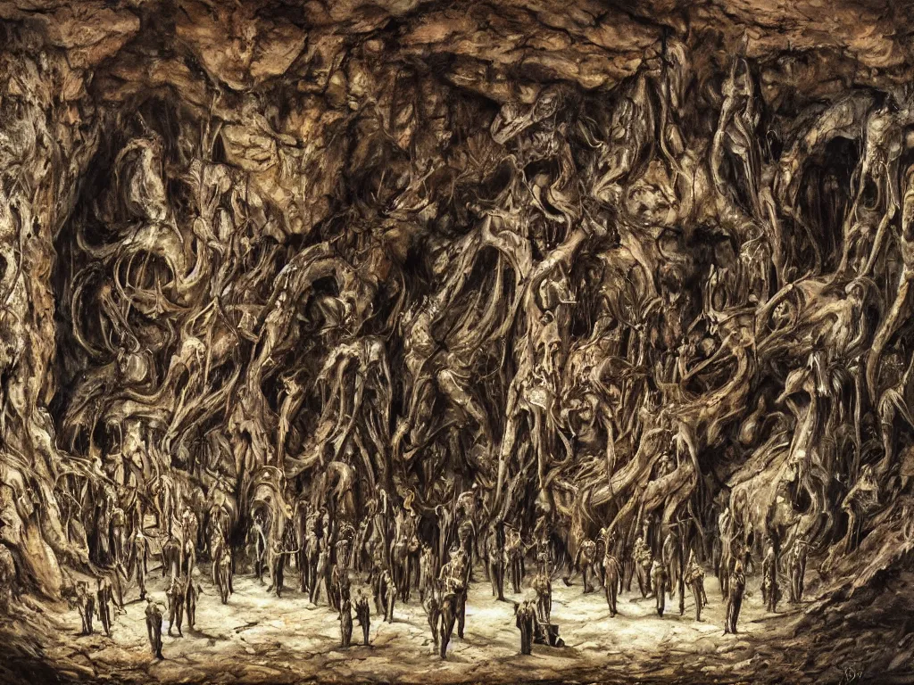 Prompt: a painting of a group of people standing in a cave, concept art by giger, featured on cgsociety, gothic art, lovecraftian, darksynth, apocalypse art, cosmic horror