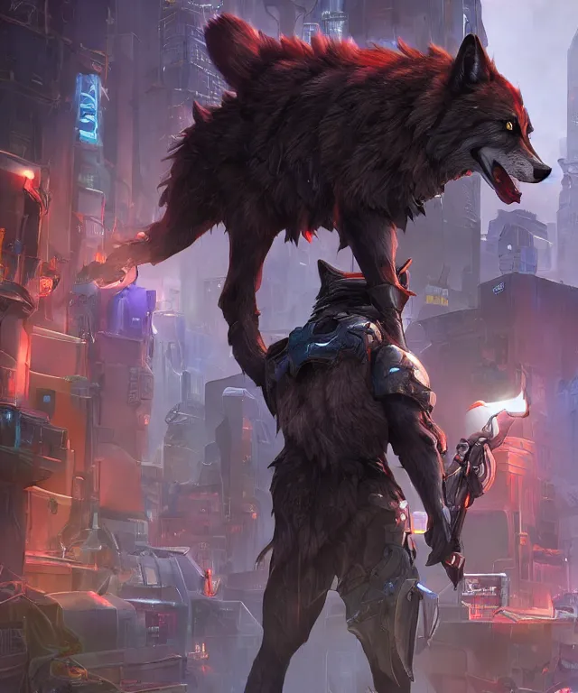 Prompt: a male anthropomorphic dark gray wolf, long red hair, blue eyes, in a futuristic city, hyper detailed, digital art, trending in artstation, cinematic lighting, studio quality, smooth render, unreal engine 5 rendered, octane rendered, art style by pixar dreamworks warner bros disney riot games and overwatch.