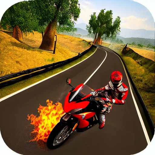 Image similar to new aesthetic and fast motorcycle. Flaming roads. photo realistic. high details. race. hyper realistic.