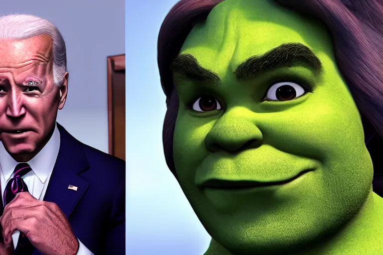 Image similar to joe biden and belle delphine as shrek, cinematic chiaroscuro, photorealistic, unreal engine