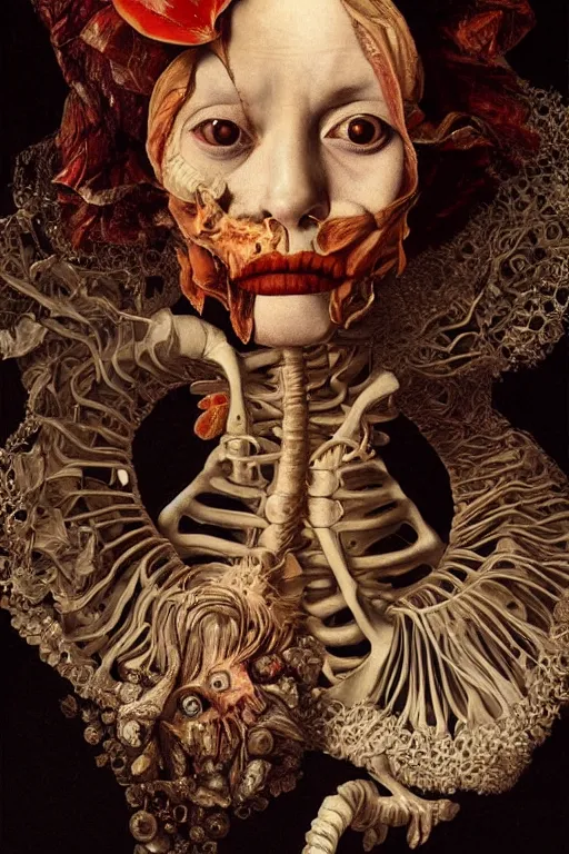 Image similar to Detailed maximalist portrait with large lips and with large, wide eyes, sad expression, extra bones, flesh, HD mixed media, 3D collage, highly detailed and intricate, surreal, illustration in the style of Caravaggio, dark art, baroque