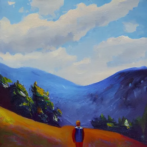 Prompt: guy in a blue jacket, landscape, oil painting