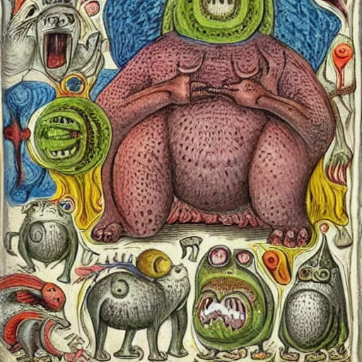 Image similar to medieval bestiary of repressed emotion monsters and creatures starting a fiery revolution in the psyche, in the style of COdex Seraphinianus