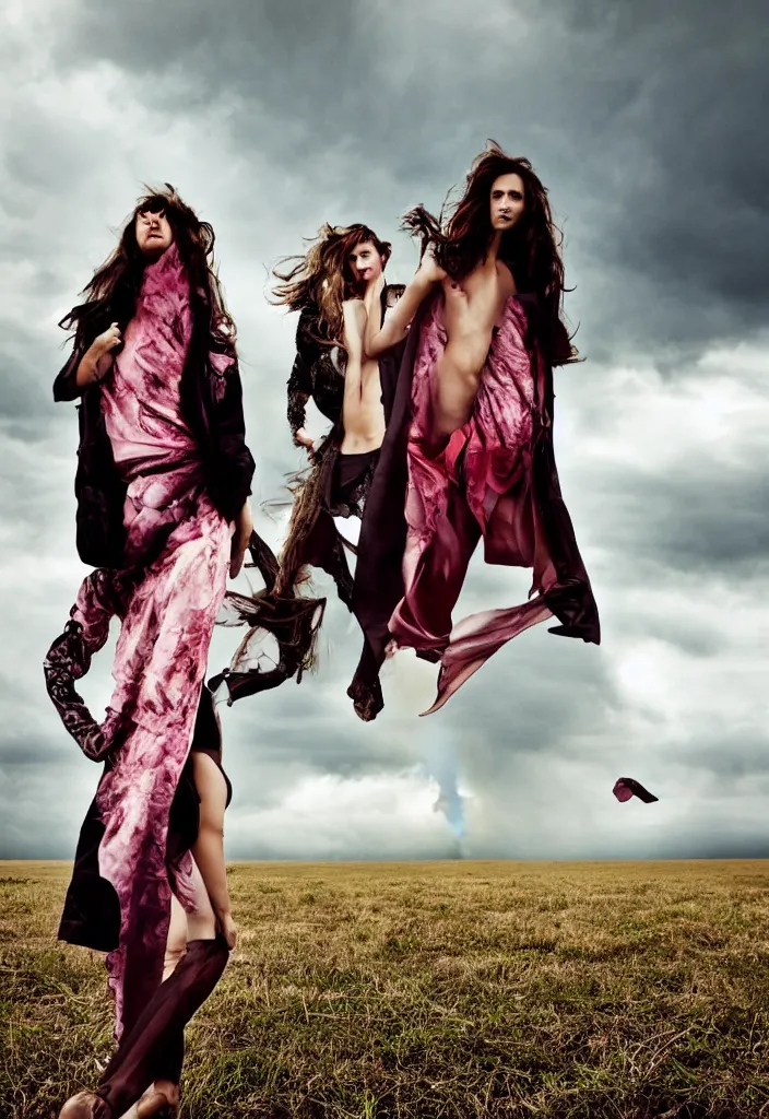 Image similar to fashion editorial in front of tornado storm on a field.