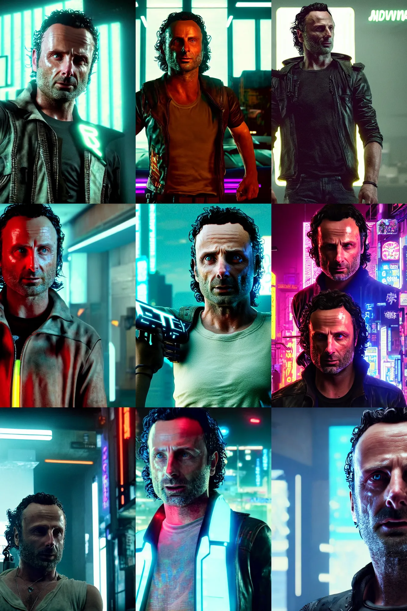 Prompt: cinematic still of Andrew Lincoln in Cyberpunk 2077. cybernetics. neon lighting. photorealistic. sharp focus. critically acclaimed. in a live action movie directed by Jonathan Nolan and Jeppe Rønde