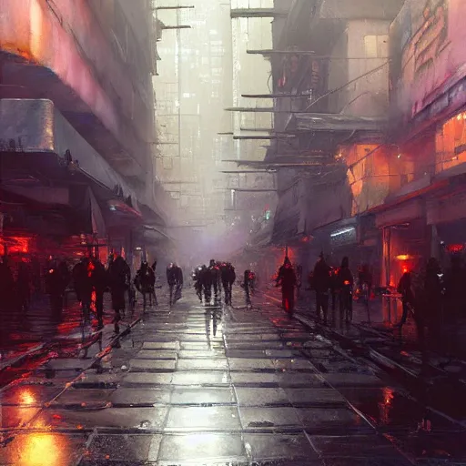 Image similar to sidewalk of a cyberpunk city, painted by raymond swanland, painted by greg rutkowski, painted by jeremy mann, painted by igor kieryluk, trending on artstation