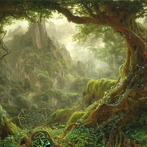 Prompt: a beautiful and highly detailed matte painting of a magical fantasy garden in a lush forest in the mystical mountains, celtic knots, tangled trees, celtic knotted vines, intricate details, epic scale, insanely complex, 8 k, sharp focus, hyperrealism, very realistic, by caspar friedrich, albert bierstadt, james gurney, brian froud,