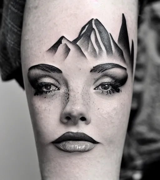 Image similar to tattoo design sketch of a beautiful woman face with a realistic faded mountain scenery on her side, hyper - realistic, double exposure effect, in the style of matteo pasqualin, amazing detail, black and white, faded