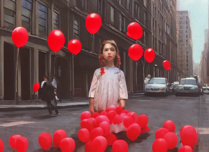 Prompt: wide angle street scene shot todd solondz a young girl holds 9 9 red balloons, impressionistic, todd solondz, alphonse mucha, rhads, rebecca guay, artstation, artgerm, octane render,