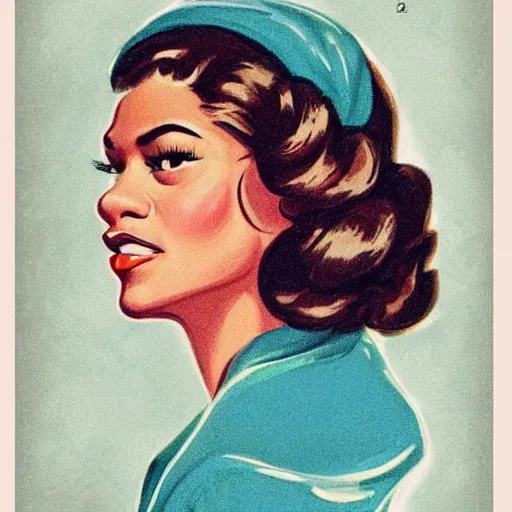 Image similar to “Zendaya portrait, color vintage magazine illustration 1950”