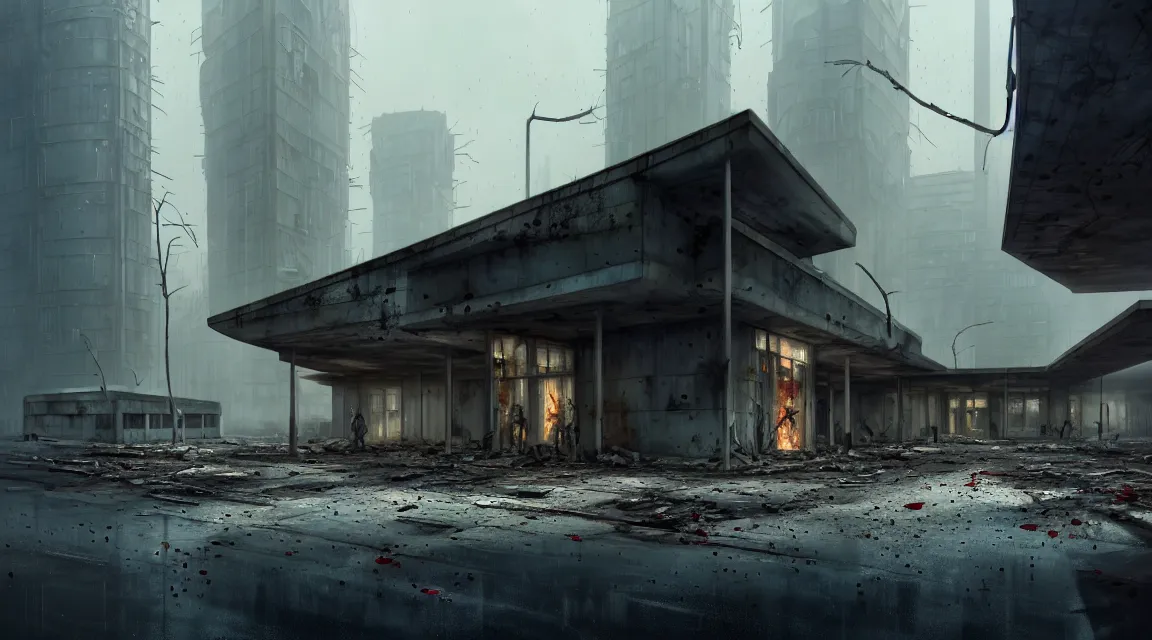 Image similar to post apocalyptic police station, building, avenue, extremely detailed, sharp focus, modern architecture, contemporary architecture, americana architecture, concrete architecture, tar roads, by pascal blanche, greg rutkowski, shaddy safadi, neil blevins, trending on artstation, high quality, photorealistic, wild vegetation, blood stains on walls, 4 k resolution blade runner