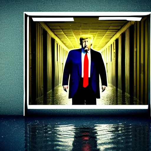 Image similar to vintage instamatic photo of Donald trump in jail, Puddles, parking lot, Isometric 3D, smooth 3D Illustration, Cinematic Matte Painting, volumetric lighting ,